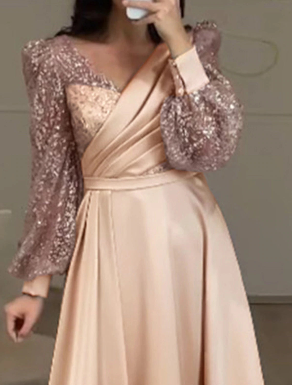 Abiti da cocktail a trapezio, eleganti, da festa, da invitata a nozze, lunghezza tè, maniche lunghe, scollo a V, in raso con arricciature